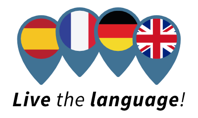 Icons of Spain, France, Germany, and UK flags in blue map markers, symbolizing different languages.